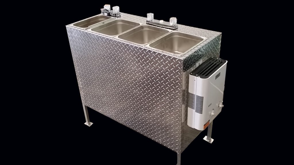 4 COMPARTMENT SELF CONTAINED PORTABLE SINK -12v / LP GAS