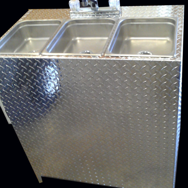 LARGE 3 COMPARTMENT, SELF CONTAINED PORTABLE SINK 12V / LP GAS TANK-LESS HOT WATER HEATER- DIAMOND PLATE